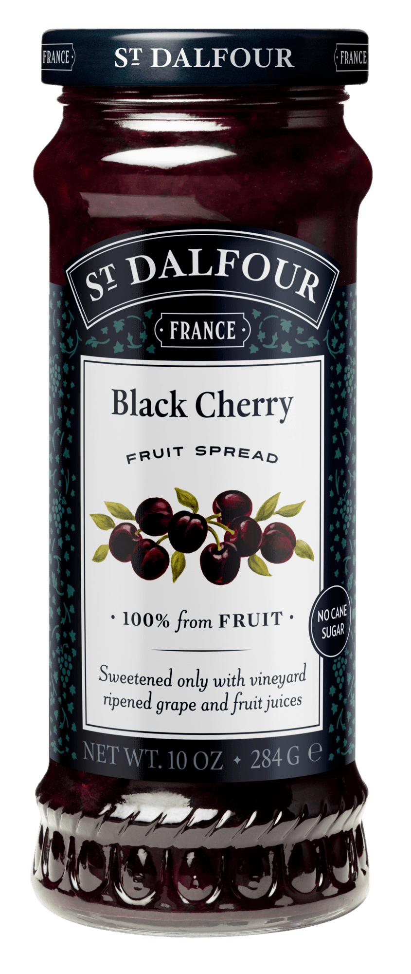 A bottle of St. Dalfour's Black Cherry fruit spread