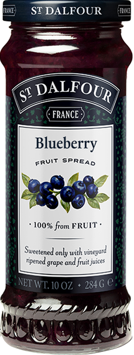 A bottle of St. Dalfour's Blueberry fruit spread